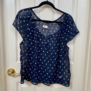 Hollister sheer top. Size: L. Navy blue & white polka dot.